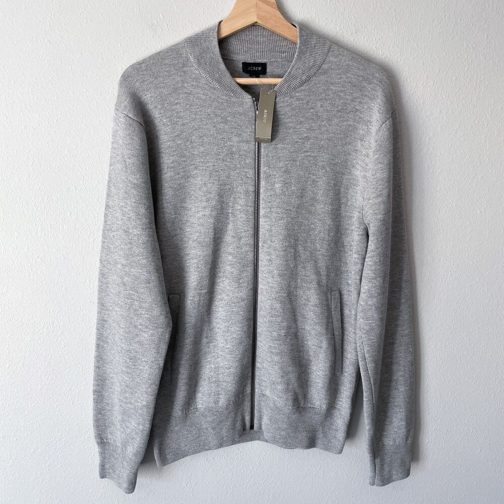 J. Crew Bomber Jacket Merino Wool Blend Men's M Gray Full Zip Sweater Knit NWT